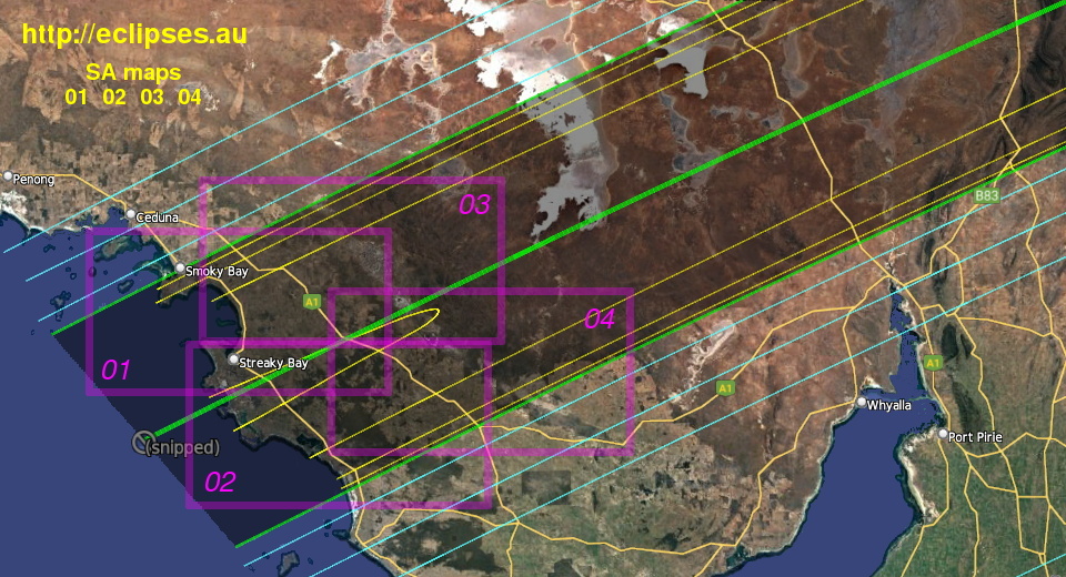 total eclipse path in South Australia, index to detail maps 1 to 4