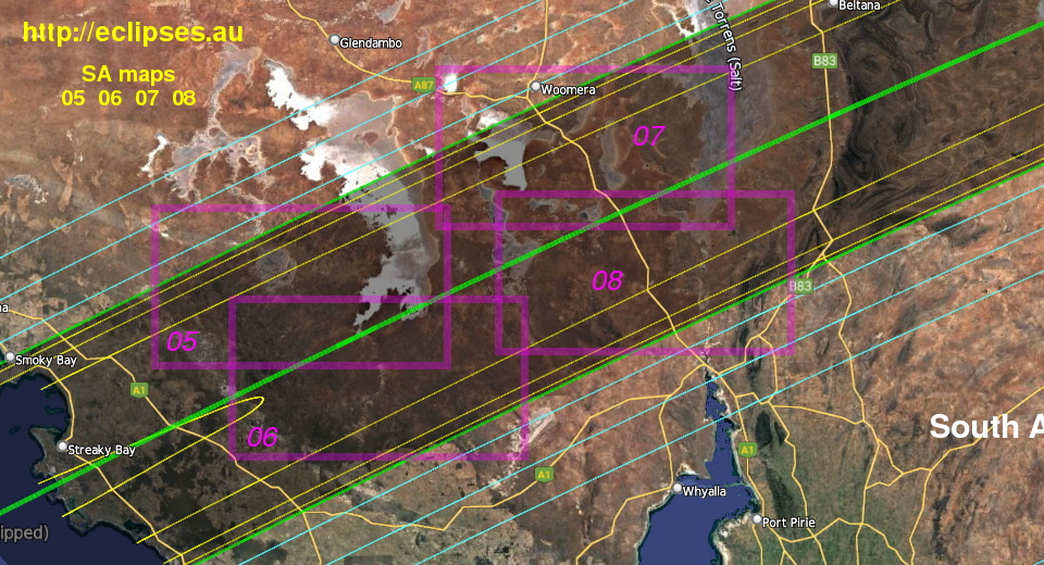 total eclipse path in South Australia, index to detail maps 5 to 8