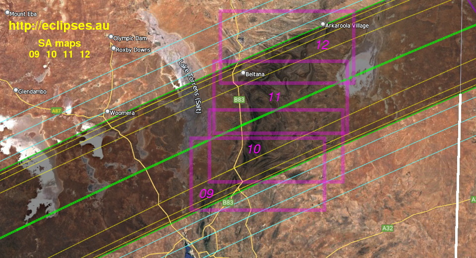 total eclipse path in South Australia, index to detail maps 9 to 12
