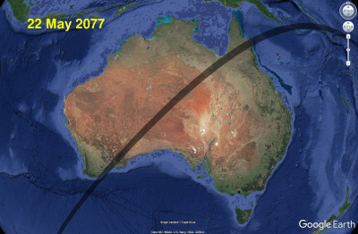 22 May 2077 total solar eclipse map